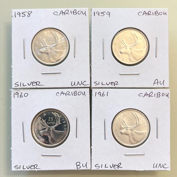 Canada 1958, 1959, 1960 & 1961 Silver 25¢ Quarters! 4 coins total - Picture 1 of 12